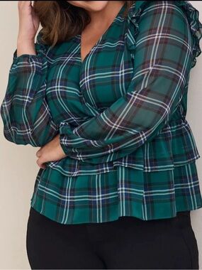Torrid Chiffon Ruffled Surplice Hi Lo Plaid Crop Top Green Plus Size 4X